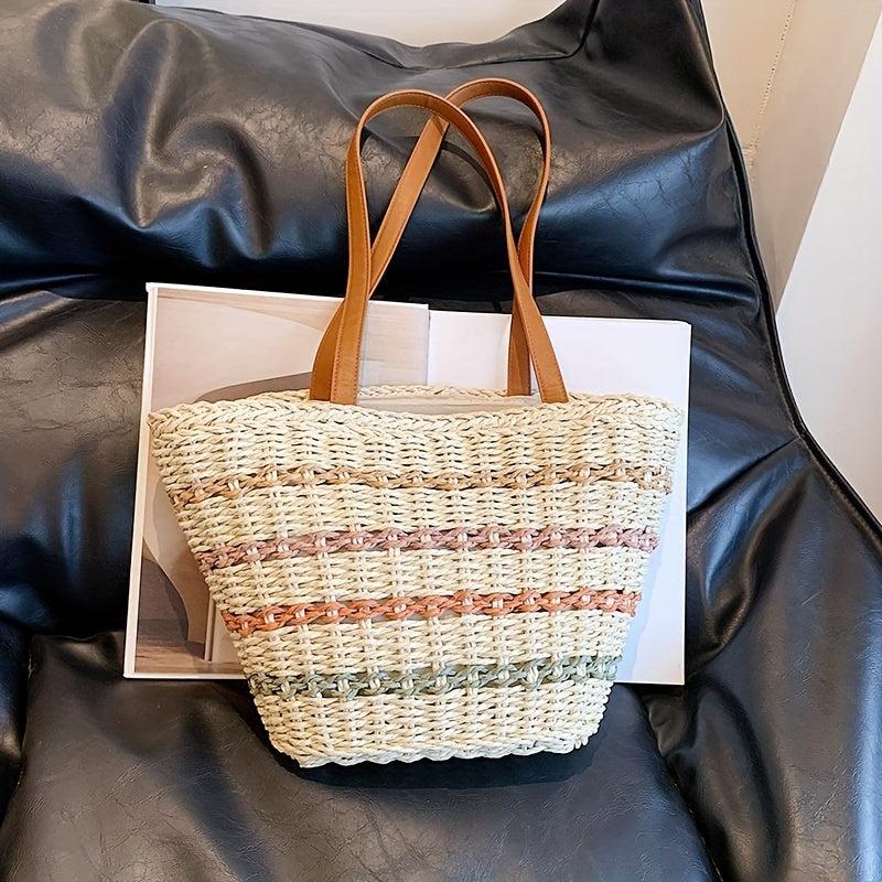 Colorful Stripes Straw Bag Large Capacity Tote Beach Bag