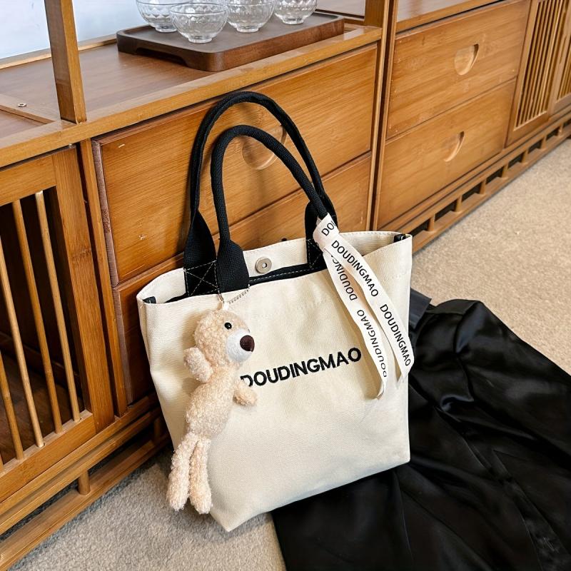 Bear Pendant Canvas Tote Bag Large Capacity Lightweight Shoulder Bag