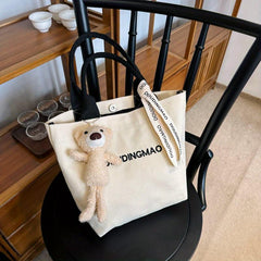 Bear Pendant Canvas Tote Bag Large Capacity Lightweight Shoulder Bag