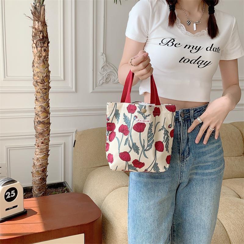 Floral Print Canvas Lunch Box Bag for Shopping