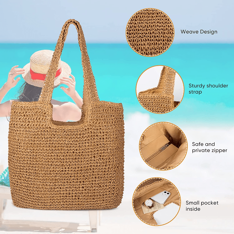 Summer Straw Beach Bag Woven Tote Boho Style Shoulder Bag