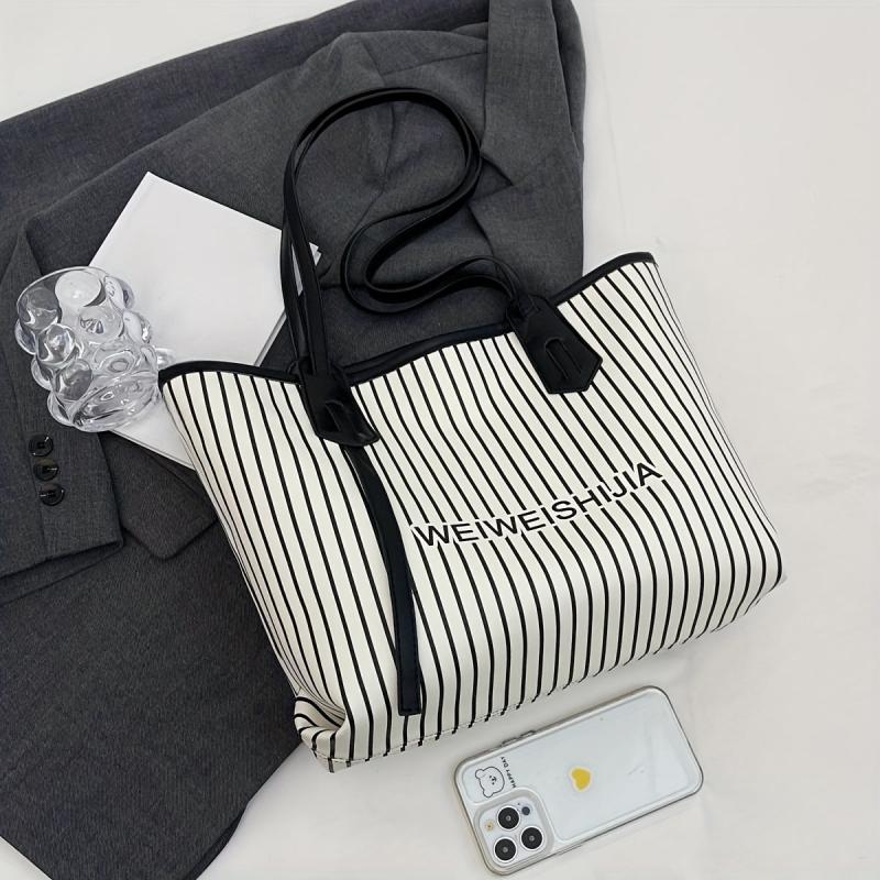 Striped Tote Bag PU Leather Shoulder Bag