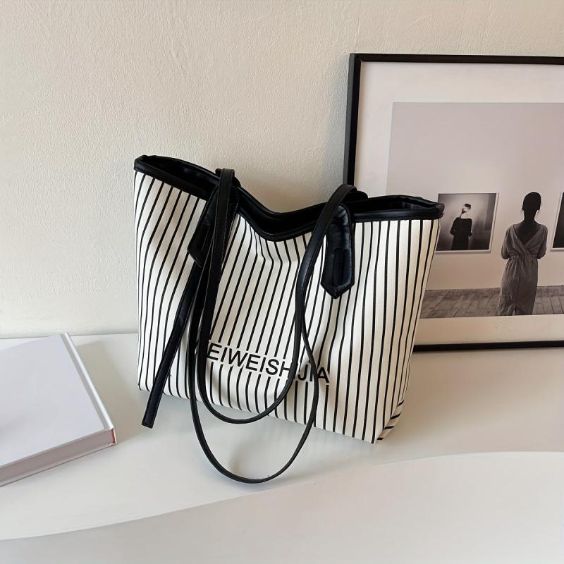 Striped Tote Bag PU Leather Shoulder Bag