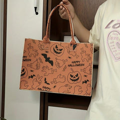 Halloween Party Felt Tote Bag Ghost Skull Pumpkin Print Handbag