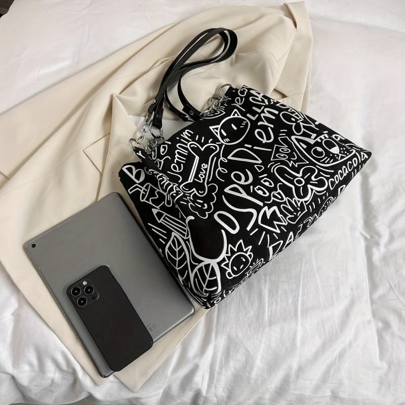 Graffiti Pattern Canvas Tote Bag Large Capacity Hobo Crossbody Bag