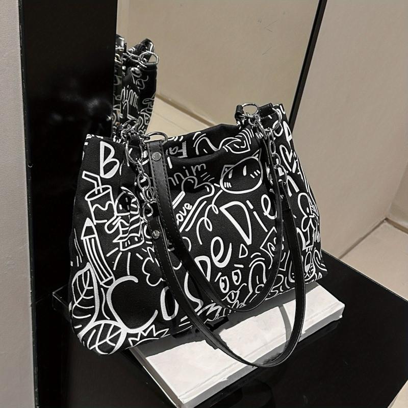 Graffiti Pattern Canvas Tote Bag Large Capacity Hobo Crossbody Bag