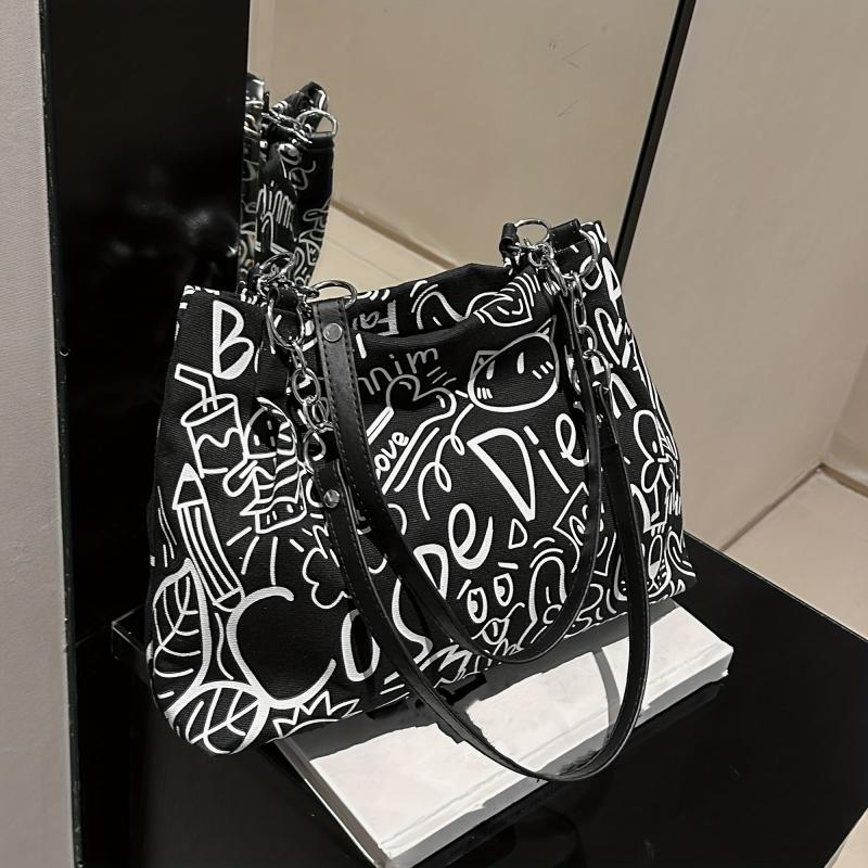 Graffiti Pattern Canvas Tote Bag Large Capacity Hobo Crossbody Bag