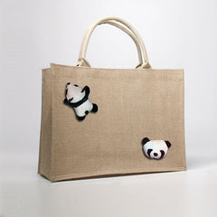 Large Capacity Woven Satchel Tote Bag Panda Decor Lightweight Shoulder Bag