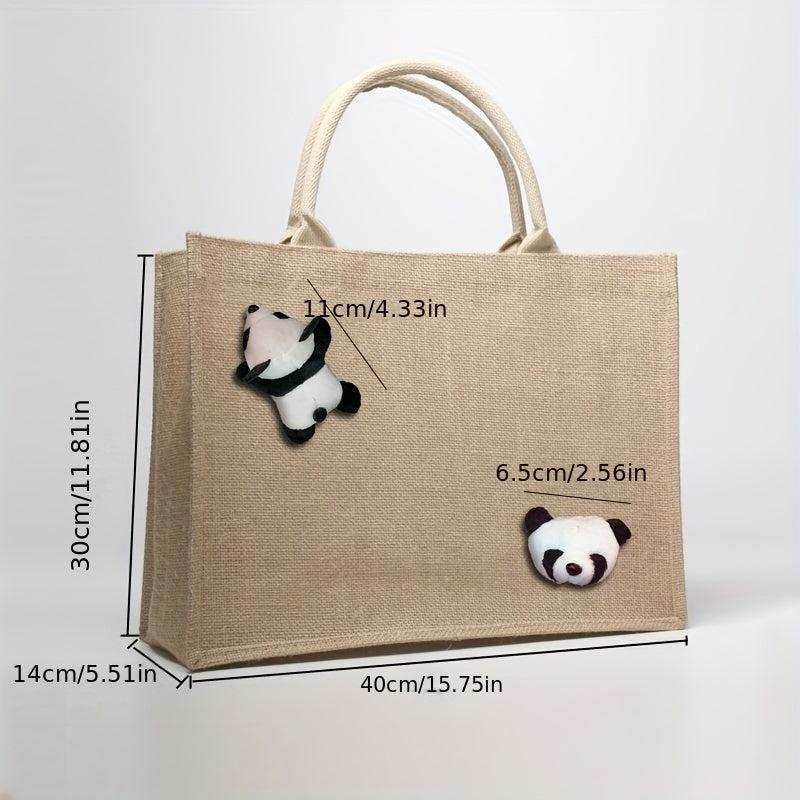 Large Capacity Woven Satchel Tote Bag Panda Decor Lightweight Shoulder Bag