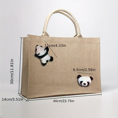 Large Capacity Woven Satchel Tote Bag Panda Decor Lightweight Shoulder Bag