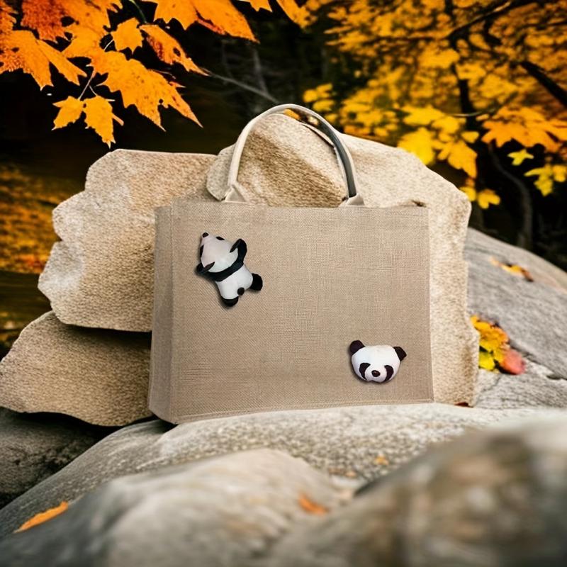 Large Capacity Woven Satchel Tote Bag Panda Decor Lightweight Shoulder Bag