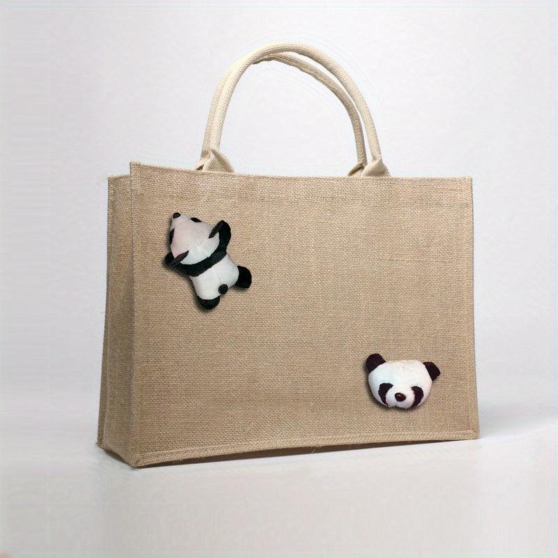 Large Capacity Woven Satchel Tote Bag Panda Decor Lightweight Shoulder Bag