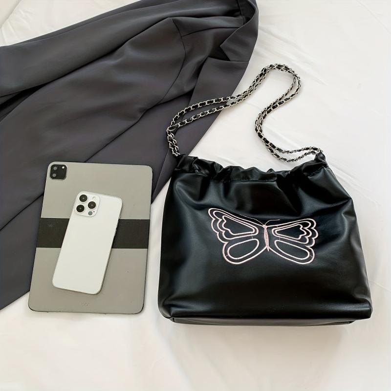 Butterfly Embroidered Tote Bag PU Leather Chain Shoulder Bag