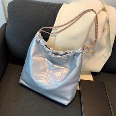 Butterfly Embroidered Tote Bag PU Leather Chain Shoulder Bag