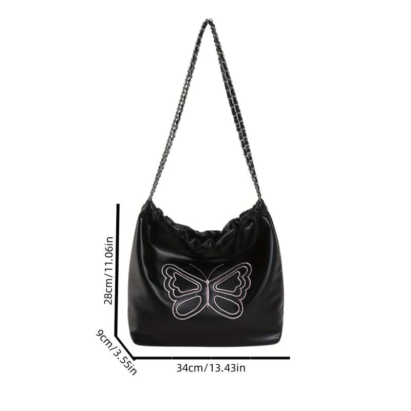 Butterfly Embroidered Tote Bag PU Leather Chain Shoulder Bag