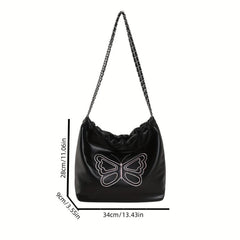 Butterfly Embroidered Tote Bag PU Leather Chain Shoulder Bag