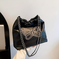 Butterfly Embroidered Tote Bag PU Leather Chain Shoulder Bag