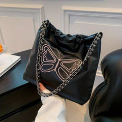 Butterfly Embroidered Tote Bag PU Leather Chain Shoulder Bag