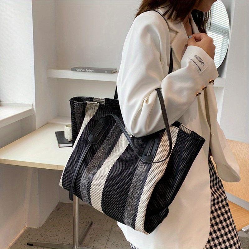 Striped Canvas Tote Bag Large Capacity Shoulder Bag Casual Shopping Bag