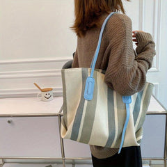 Striped Canvas Tote Bag Large Capacity Shoulder Bag Casual Shopping Bag