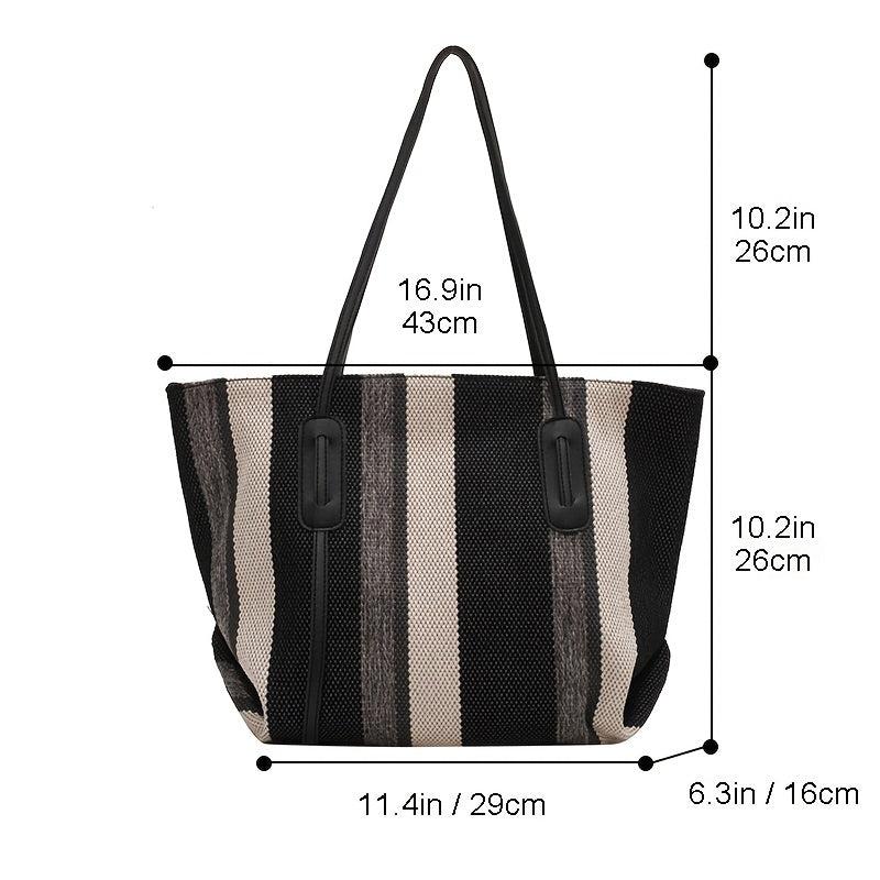 Striped Canvas Tote Bag Large Capacity Shoulder Bag Casual Shopping Bag