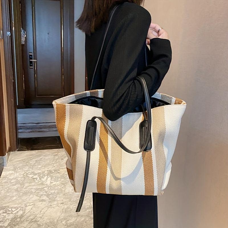Striped Canvas Tote Bag Large Capacity Shoulder Bag Casual Shopping Bag