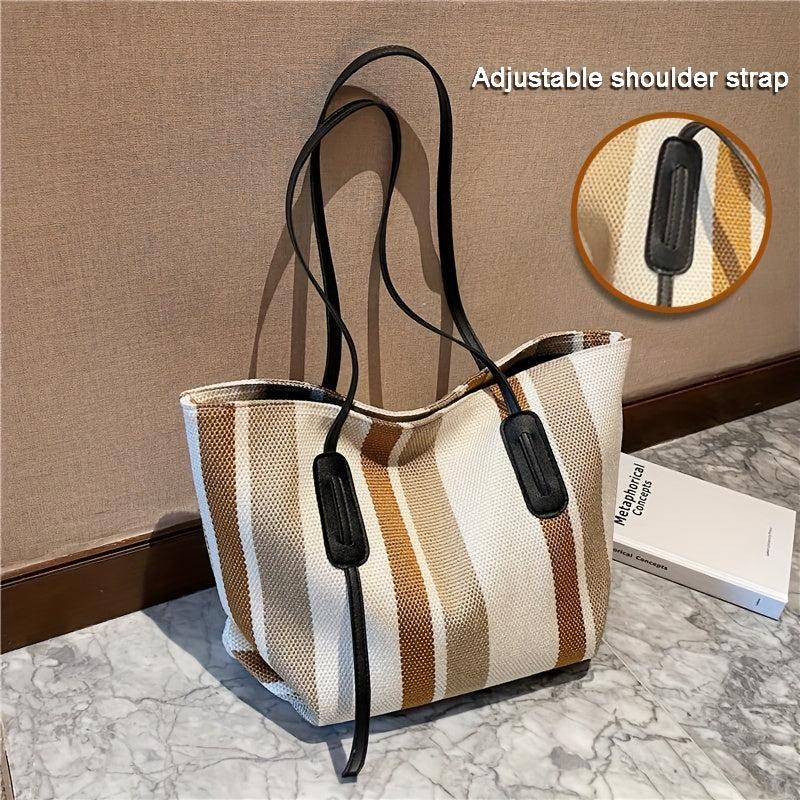 Striped Canvas Tote Bag Large Capacity Shoulder Bag Casual Shopping Bag