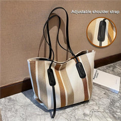 Striped Canvas Tote Bag Large Capacity Shoulder Bag Casual Shopping Bag