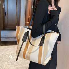 Striped Canvas Tote Bag Large Capacity Shoulder Bag Casual Shopping Bag