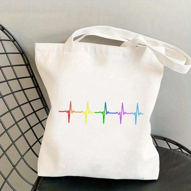 Rainbow Heart Print Tote Bag LGBT Canvas Shoulder Bag Pride Month Handbag