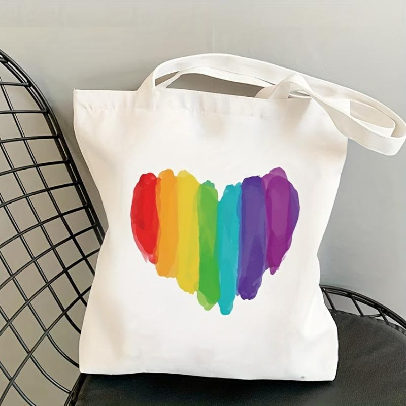 Rainbow Heart Print Tote Bag LGBT Canvas Shoulder Bag Pride Month Handbag