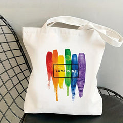 Rainbow Heart Print Tote Bag LGBT Canvas Shoulder Bag Pride Month Handbag