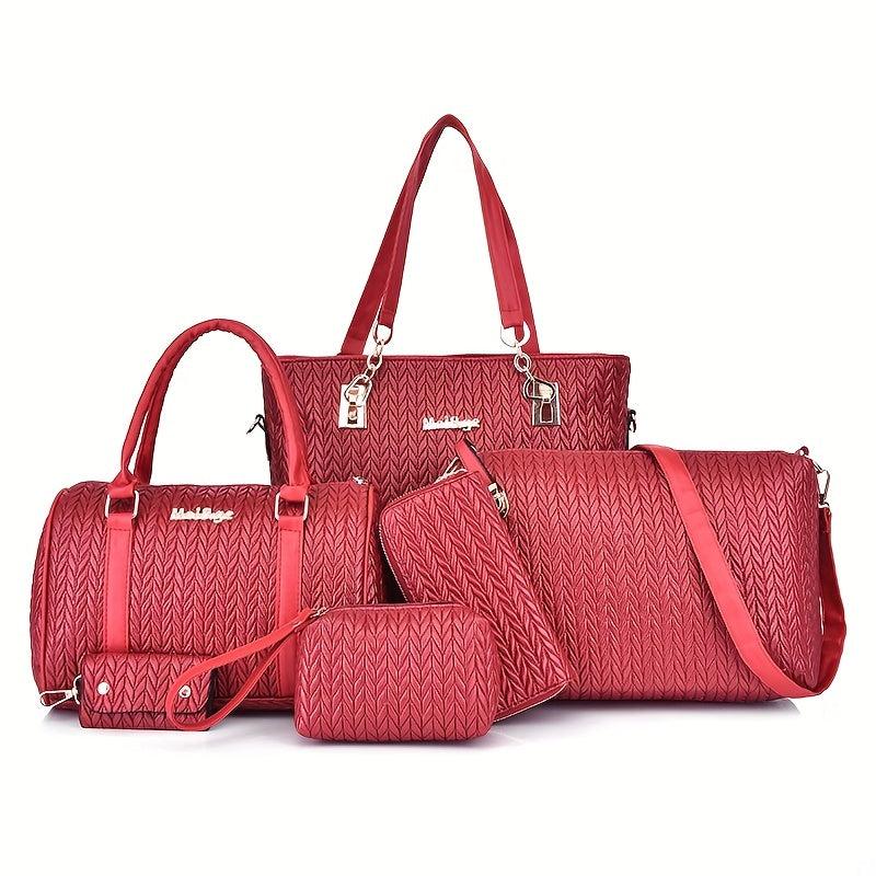 6Pcs Quilted Handbags Set Women's PU Leather Tote Crossbody Wallet Clutch Purse