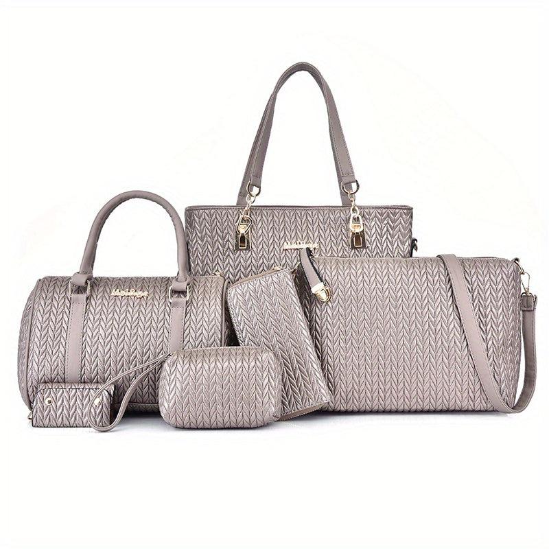 6Pcs Quilted Handbags Set Women's PU Leather Tote Crossbody Wallet Clutch Purse