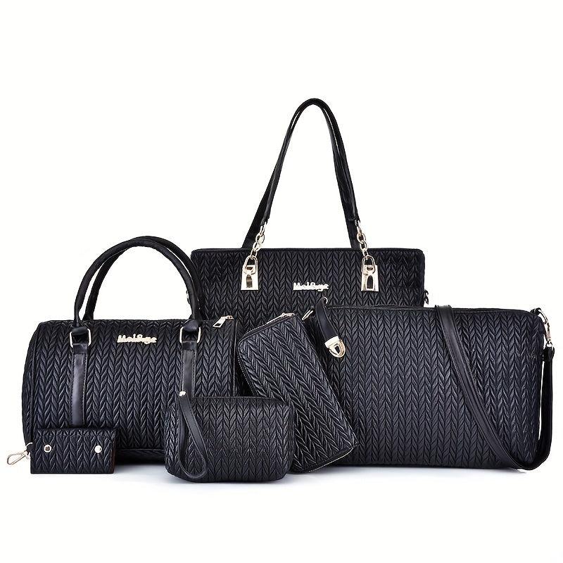 6Pcs Quilted Handbags Set Women's PU Leather Tote Crossbody Wallet Clutch Purse