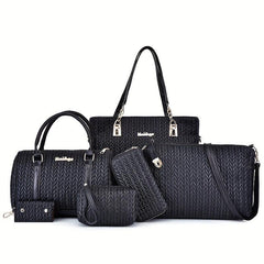 6Pcs Quilted Handbags Set Women's PU Leather Tote Crossbody Wallet Clutch Purse
