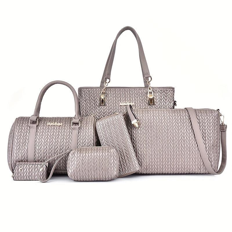 6Pcs Quilted Handbags Set Women's PU Leather Tote Crossbody Wallet Clutch Purse