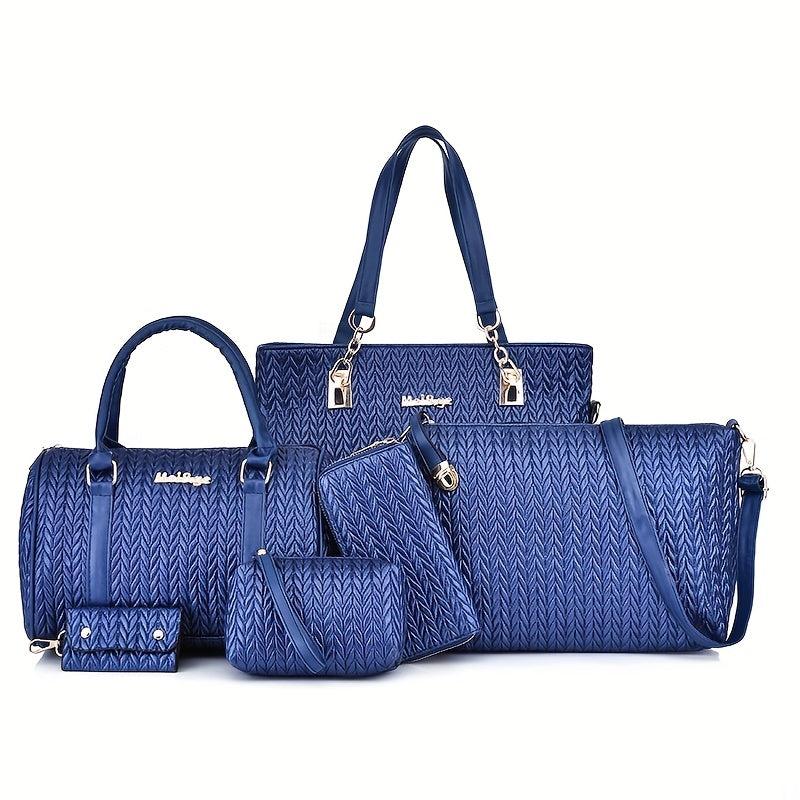 6Pcs Quilted Handbags Set Women's PU Leather Tote Crossbody Wallet Clutch Purse