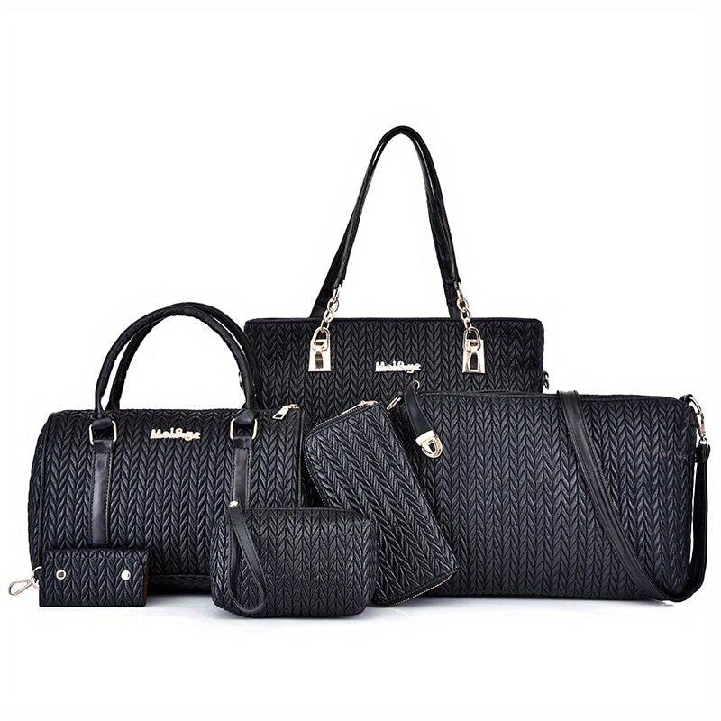 6Pcs Quilted Handbags Set Women's PU Leather Tote Crossbody Wallet Clutch Purse