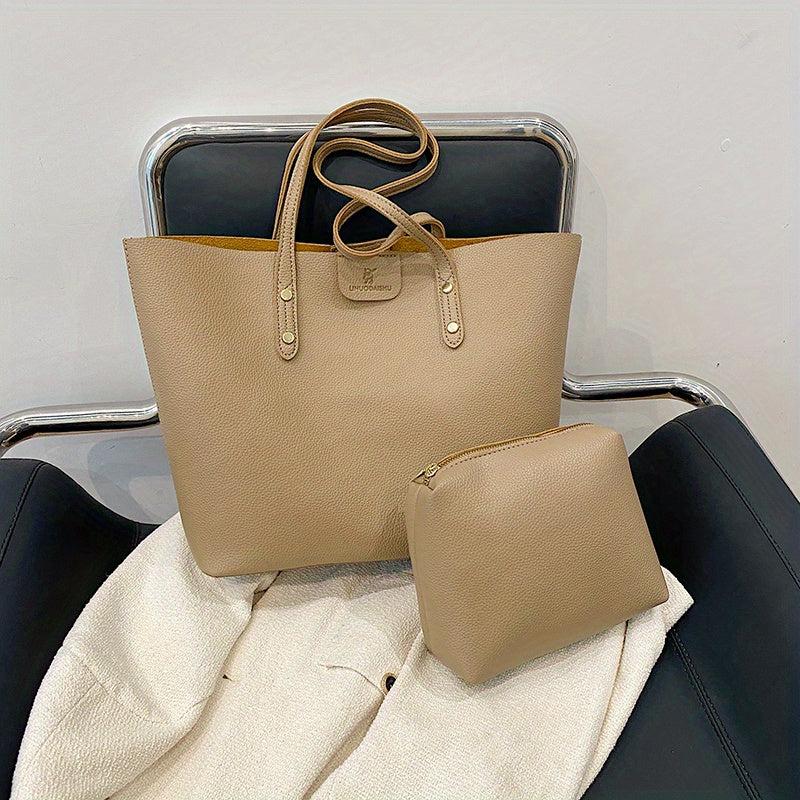 Large Capacity Solid Tote Bag With Cosmetic Inner Bag