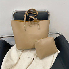 Large Capacity Solid Tote Bag With Cosmetic Inner Bag