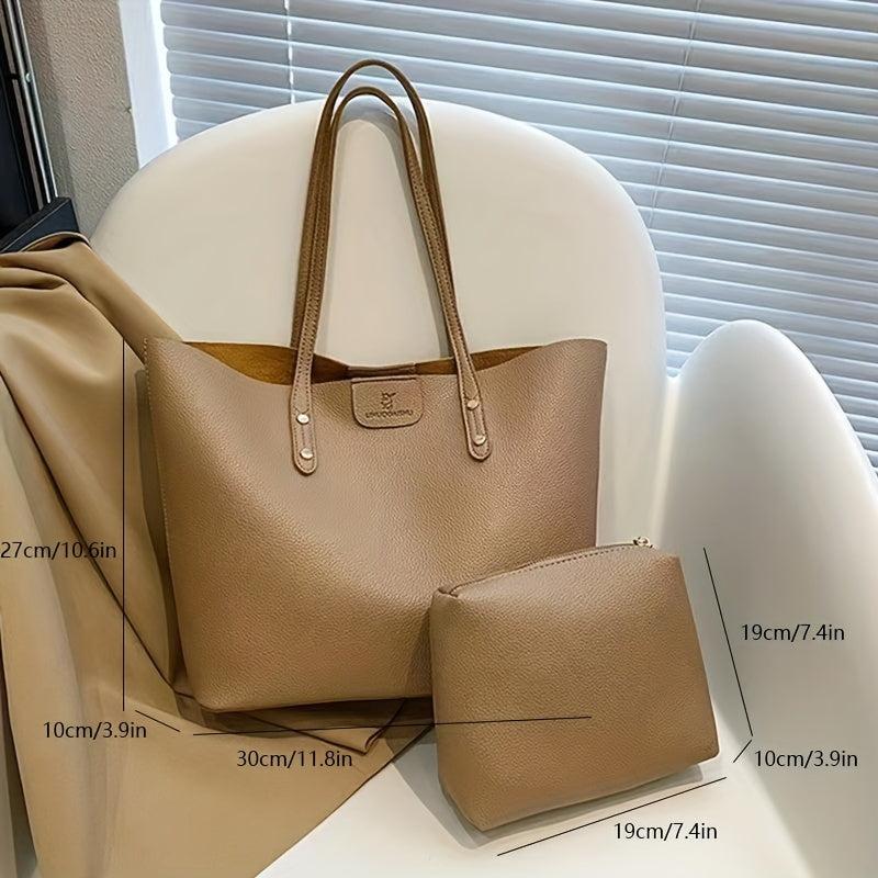 Large Capacity Solid Tote Bag With Cosmetic Inner Bag