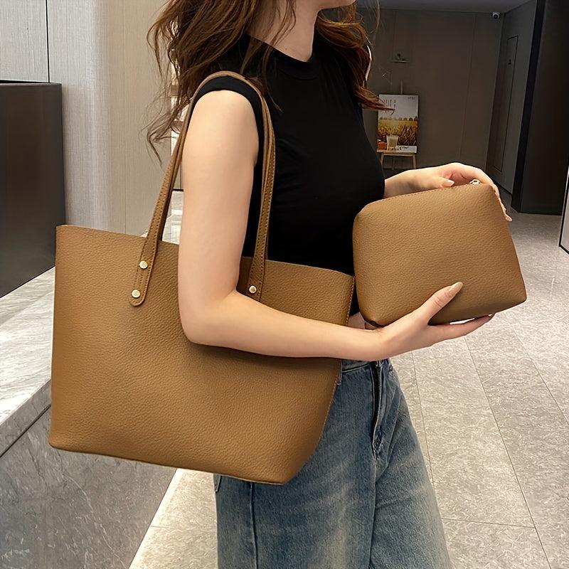 Large Capacity Solid Tote Bag With Cosmetic Inner Bag