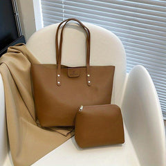 Large Capacity Solid Tote Bag With Cosmetic Inner Bag