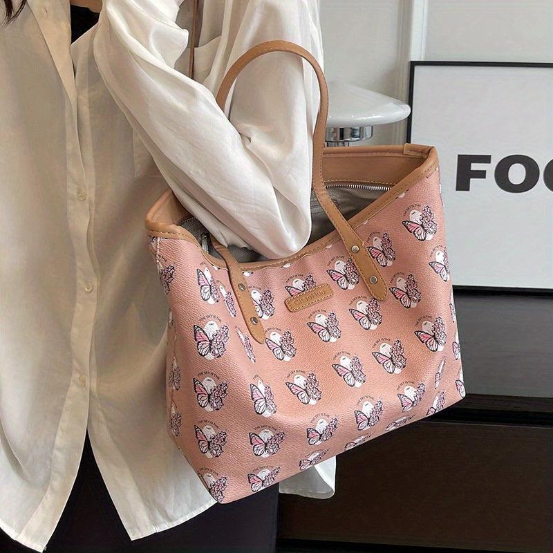 Flower Butterfly Print Tote Bag Vegan Leather Handbag