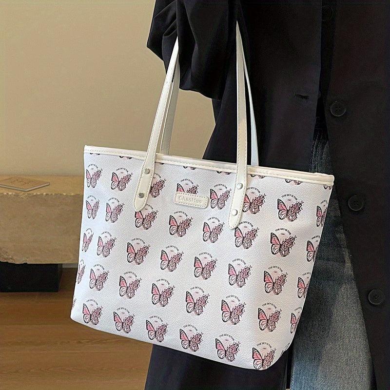 Flower Butterfly Print Tote Bag Vegan Leather Handbag