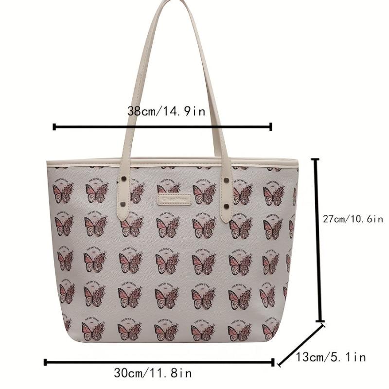 Flower Butterfly Print Tote Bag Vegan Leather Handbag