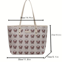 Flower Butterfly Print Tote Bag Vegan Leather Handbag