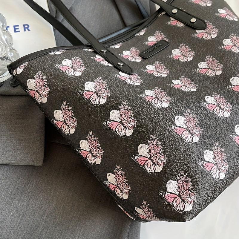 Flower Butterfly Print Tote Bag Vegan Leather Handbag