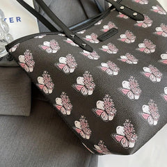 Flower Butterfly Print Tote Bag Vegan Leather Handbag